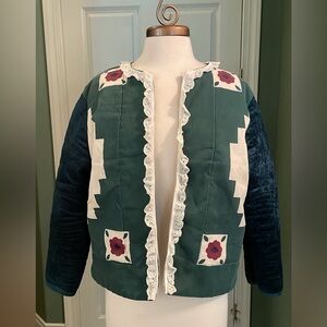 🌲folk Norway green & burgundy quilted jacket with velvet sleeves *firm price